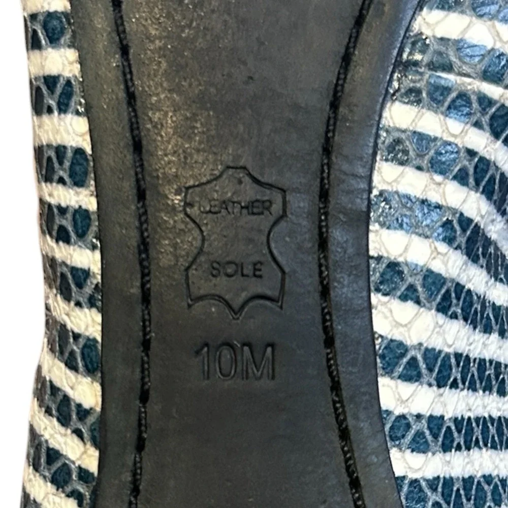 TORY BURCH Caroline Leather Ballet Flats sz 10 Snake Embossed Navy/ White Stripe